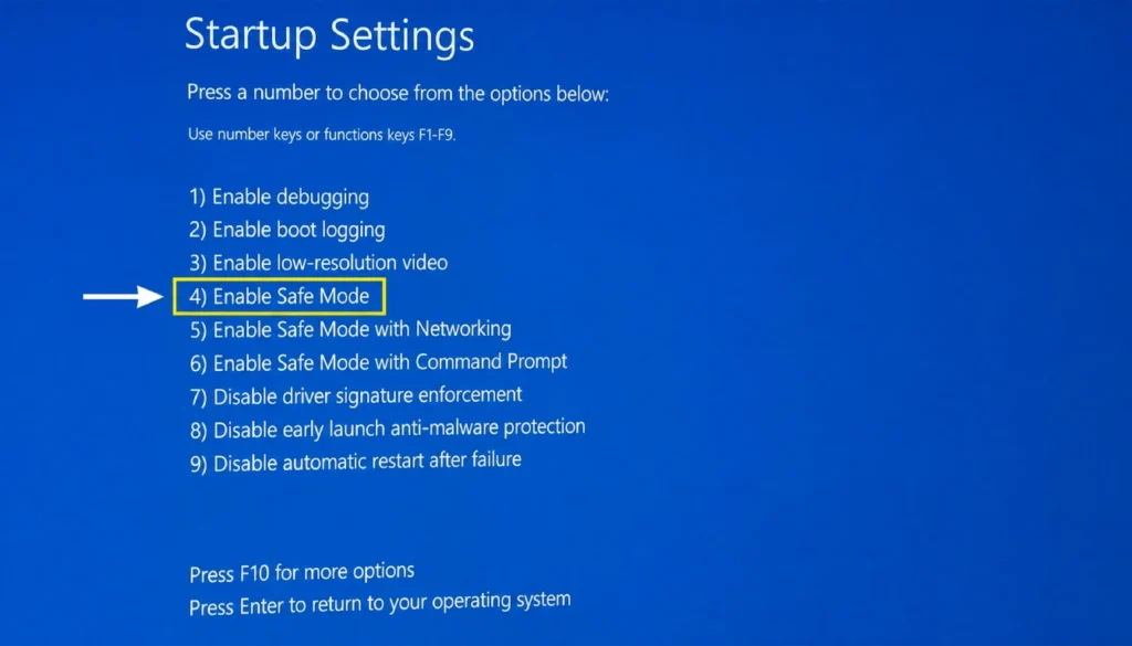 Windows 10 Startup Settings screen with Enable Safe Mode option selected