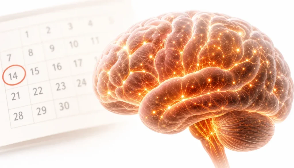 Illustration of a brain with glowing neural pathways showing dopamine activity related to motivation after 2 weeks.