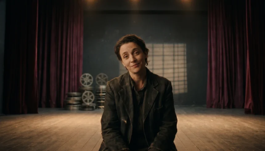 An actor on a dimly lit stage looking directly into the camera, representing the concept of breaking the fourth wall in film and theatre.