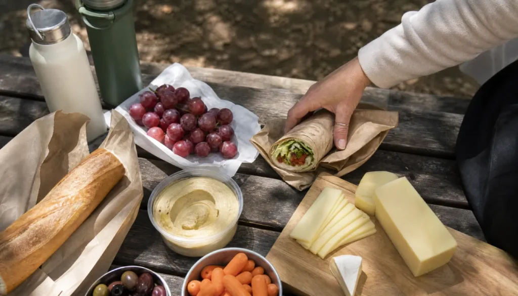 Budget-friendly picnic lunch spread with a baguette, cheese, grapes, and reusable water bottles at a park