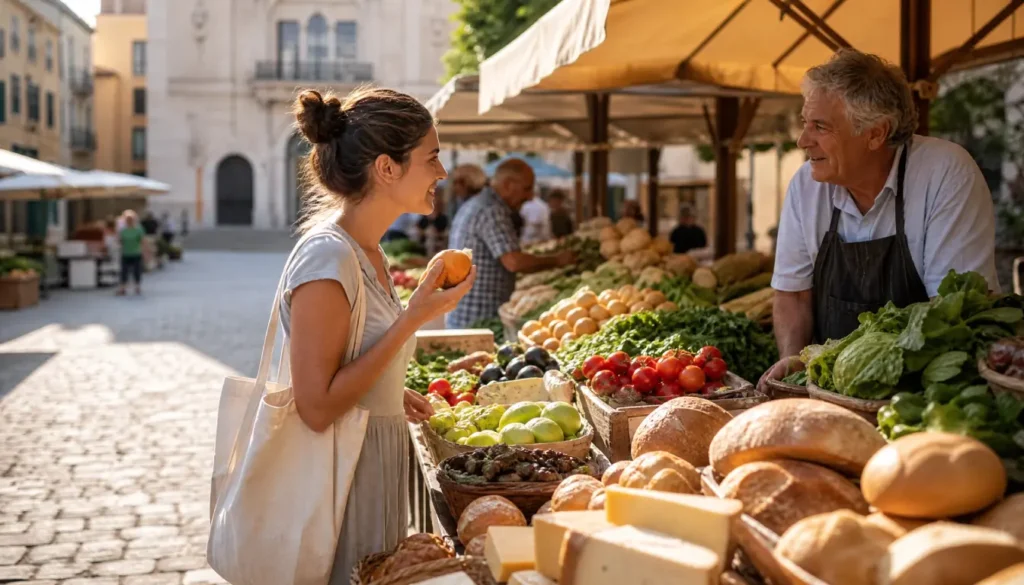 A traveler shopping for fresh produce at an outdoor public market in the morning