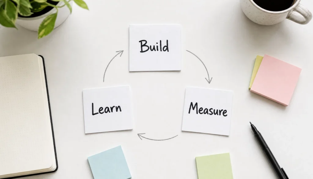 Three cards on a desk showing the build measure learn cycle of the lean startup method
