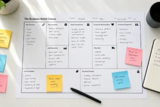 Printed business model canvas template filled in by hand on a white desk with sticky notes and a pen