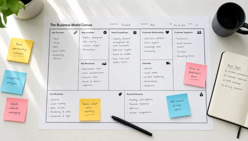 Printed business model canvas template filled in by hand on a white desk with sticky notes and a pen
