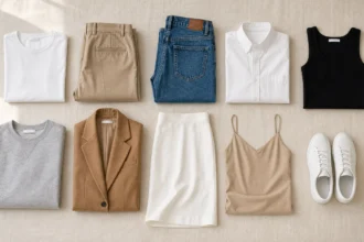 10 capsule wardrobe items laid out flat on a cream surface, including a white tee, jeans, blazer, and sneakers, all in neutral tones