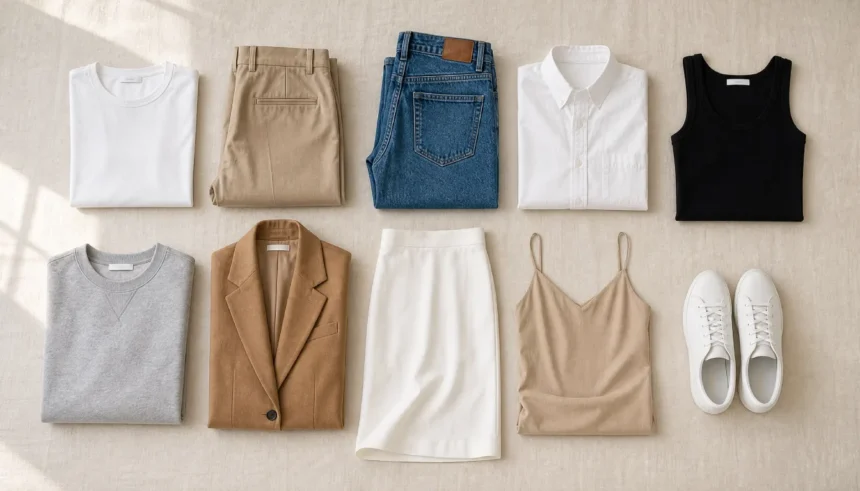 10 capsule wardrobe items laid out flat on a cream surface, including a white tee, jeans, blazer, and sneakers, all in neutral tones