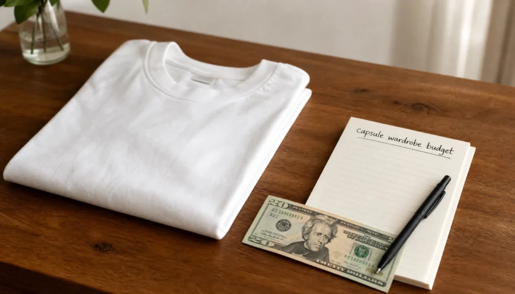 Notepad labeled capsule wardrobe budget with a folded white tee and $20 bill on a minimal wooden table