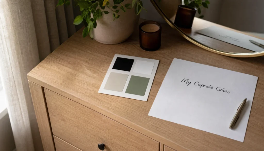 Handwritten capsule wardrobe color palette list with paint swatches in black, white, beige, and olive green on a wooden dresser