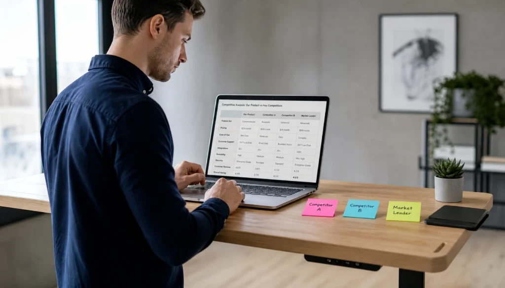 Person reviewing ChatGPT competitor analysis on a laptop with sticky notes showing competitor names on the desk