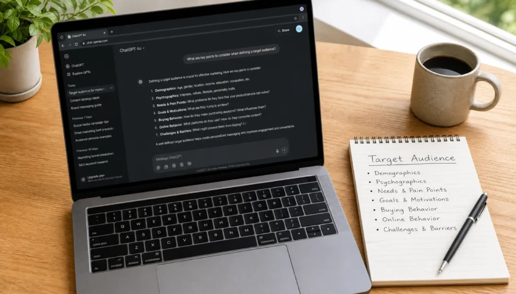 Notepad with target audience notes beside a laptop showing a ChatGPT conversation