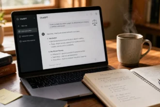 student using ChatGPT ethically for homework with notebook and laptop