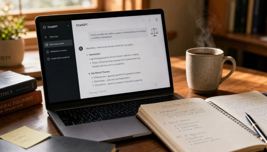 student using ChatGPT ethically for homework with notebook and laptop