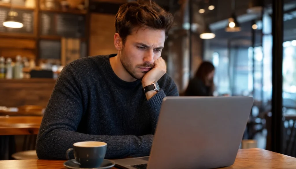 Solo founder looking thoughtfully at a laptop screen in a cafe, reflecting on a research mistake