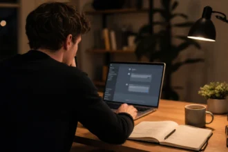 Solo founder using ChatGPT on a laptop for market research at a home office desk in the evening