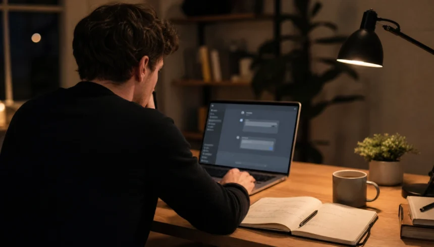 Solo founder using ChatGPT on a laptop for market research at a home office desk in the evening