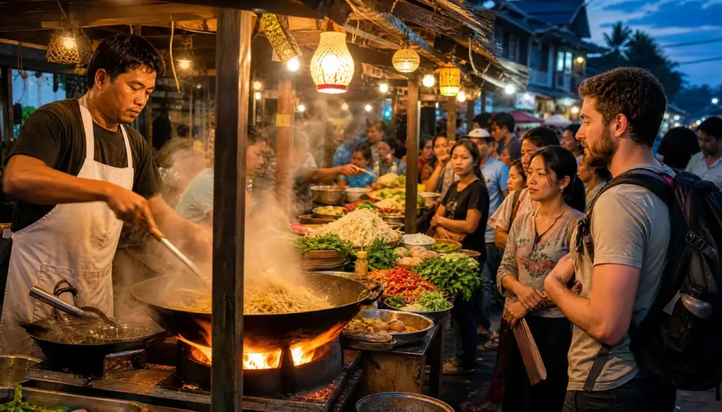 A street food vendor cooking noodles at a busy night market in Southeast Asia