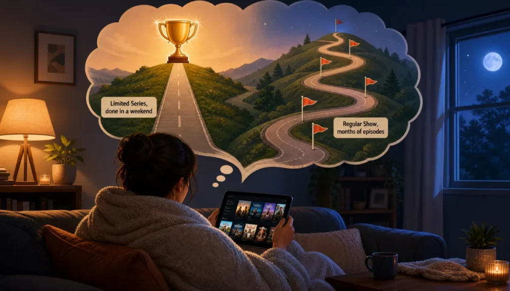 A viewer on a sofa with a tablet imagining two paths: a short road to a trophy representing a limited series finished in a weekend, and a long winding road with flags representing a regular TV show spanning months