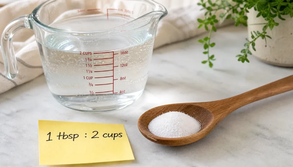 Mixing citric acid powder and warm water in a glass measuring cup to make a natural shower head descaler
