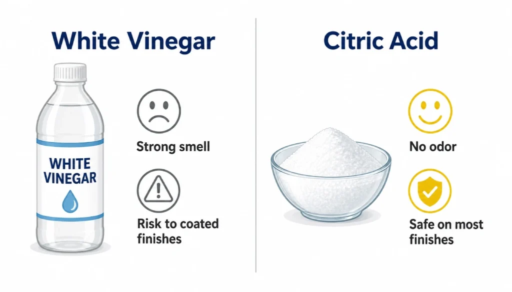 Side by side comparison graphic showing vinegar with strong smell risk versus citric acid with no odor and finish safe label