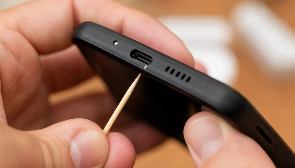 A person cleaning a smartphone charging port with a toothpick to fix a not-charging issue.