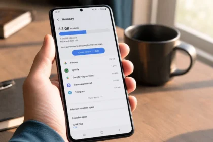 Person holding Android phone showing Settings app open to memory usage screen
