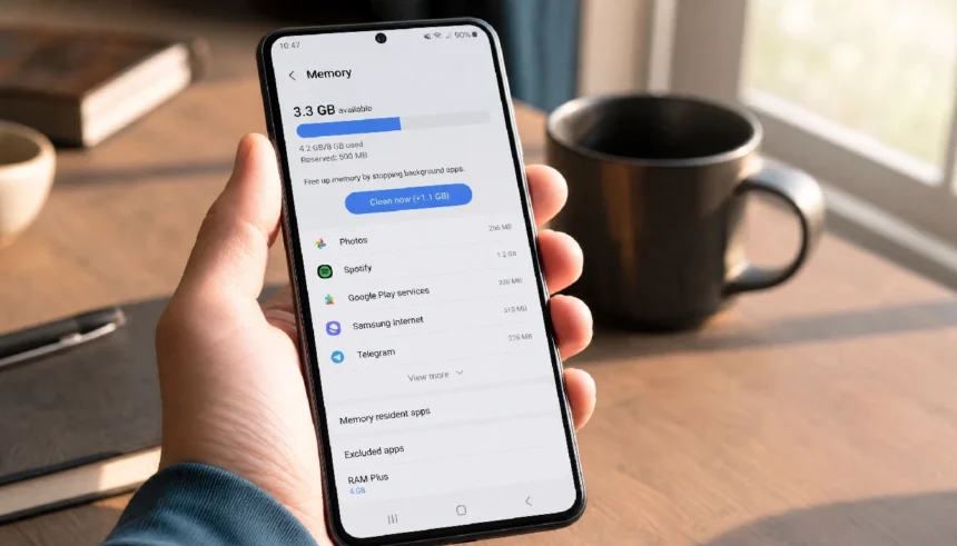 Person holding Android phone showing Settings app open to memory usage screen