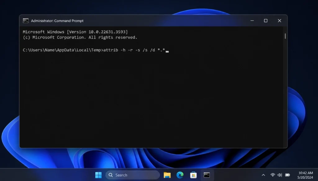 Administrator Command Prompt showing attrib command to unhide hidden virus files in Windows