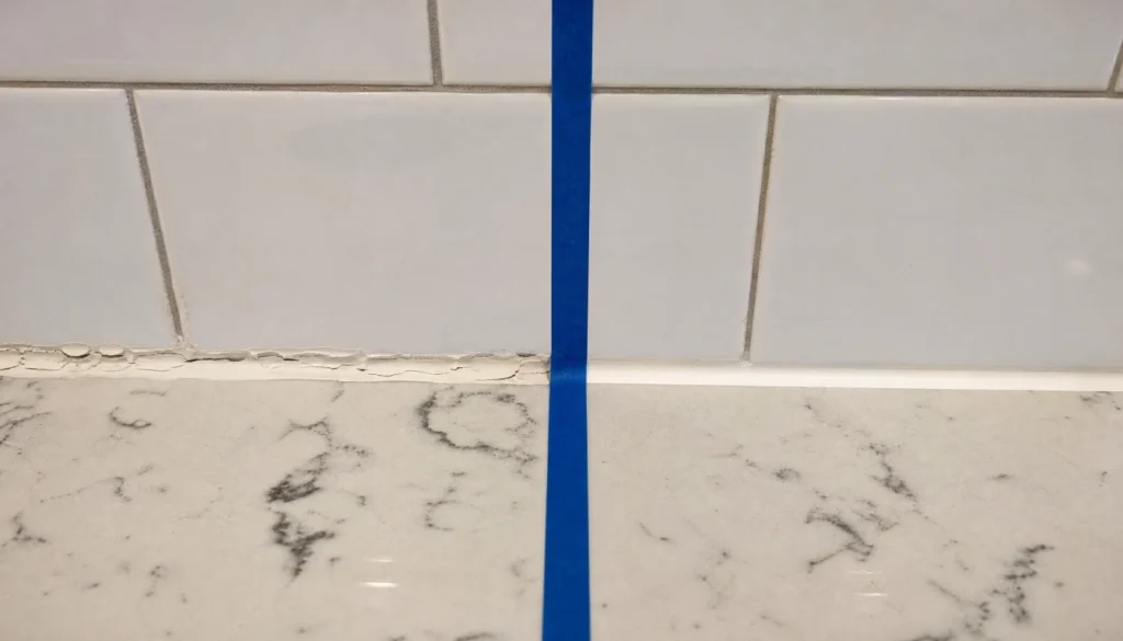 Side by side comparison of a badly applied lumpy caulk line versus a smooth clean caulk line on white kitchen backsplash tiles