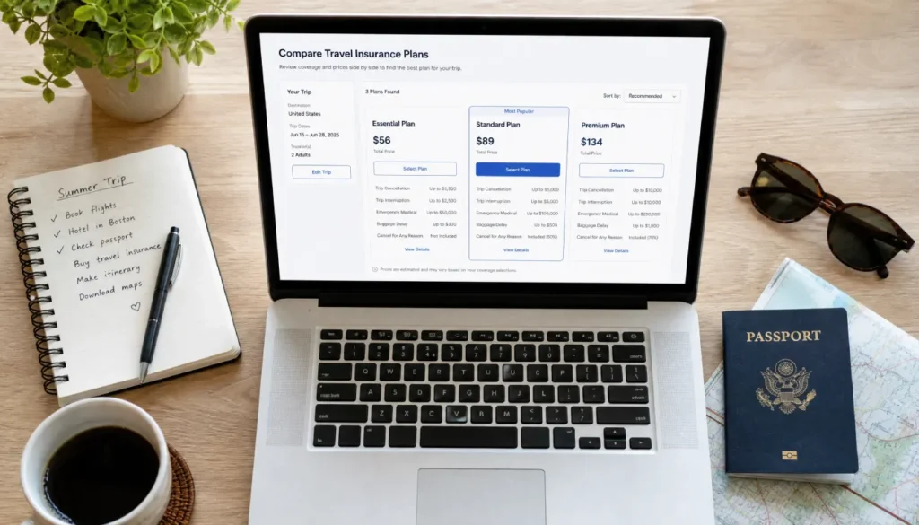 Laptop showing travel insurance comparison options on a desk with passport, notebook, and coffee