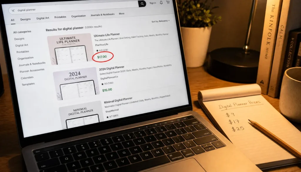 A laptop screen showing digital product listings on a marketplace with one price circled, and a notepad with handwritten price research notes beside it