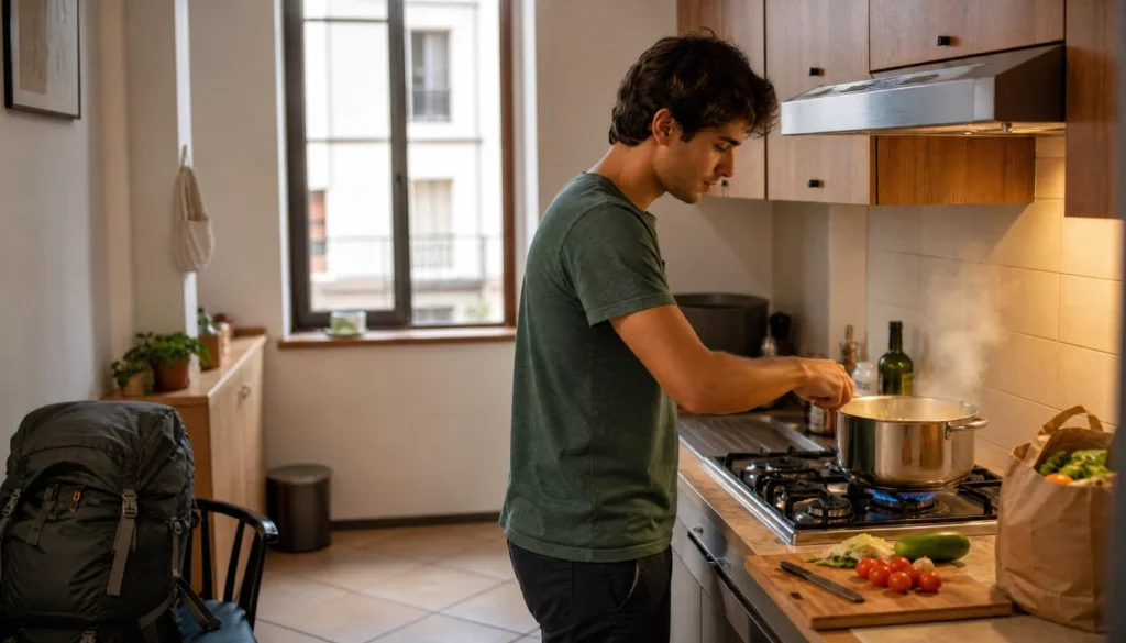 A solo traveler cooking a simple meal in a small hostel or Airbnb kitchen
