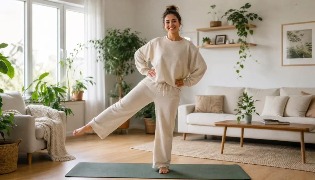 Woman doing a gentle cozy cardio leg lift exercise at home in soft loungewear
