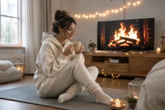 Person in soft loungewear on a yoga mat in a cozy living room holding a cup of tea, fairy lights glowing in the background