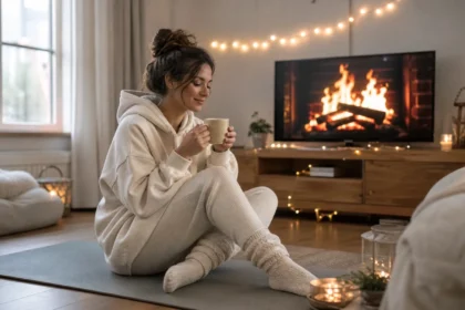 Person in soft loungewear on a yoga mat in a cozy living room holding a cup of tea, fairy lights glowing in the background