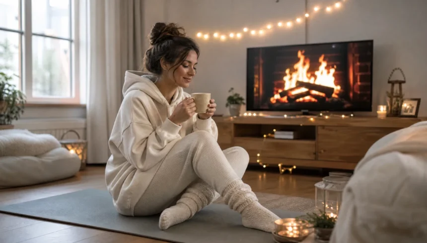 Person in soft loungewear on a yoga mat in a cozy living room holding a cup of tea, fairy lights glowing in the background