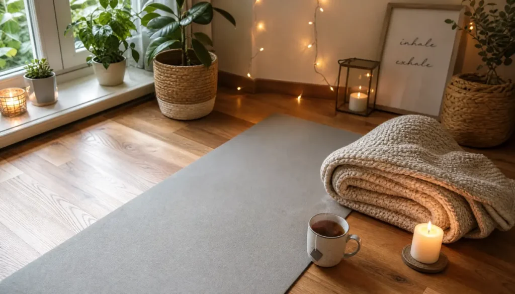 Cozy home setup for a gentle cardio session with fairy lights, candle, and yoga mat