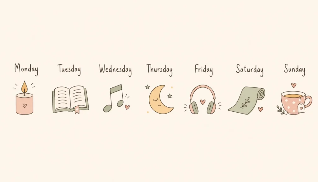Simple 7-day cozy cardio weekly plan for beginners with hand-drawn style icons