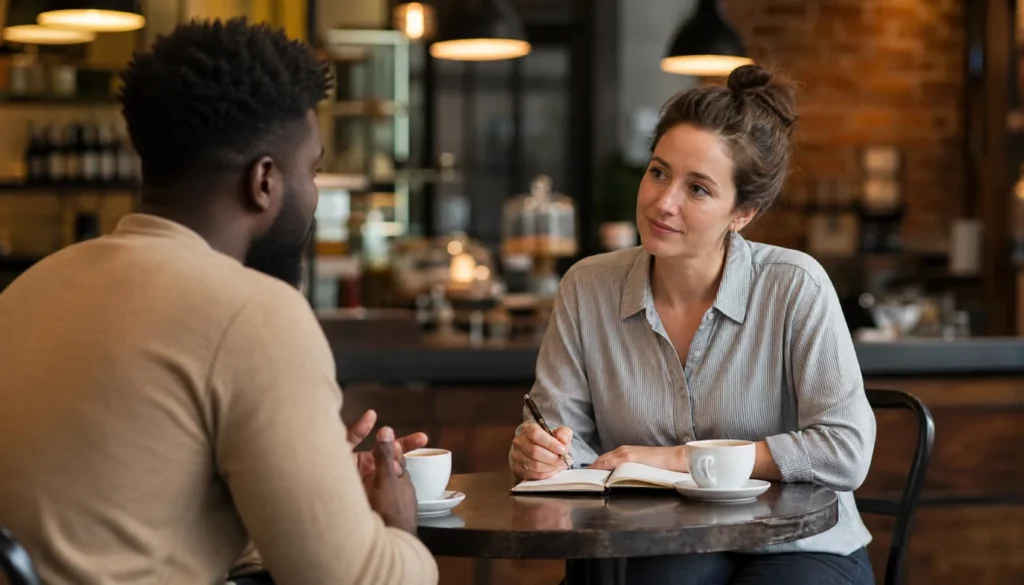 Two people having a customer discovery interview at a café