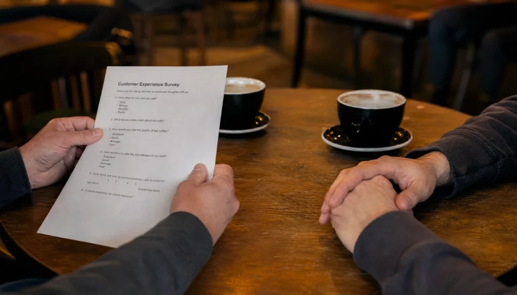 Two people having a customer conversation over coffee at a small cafe, with a handwritten list of questions on the table, representing low-budget product-market fit validation for a micro-business.