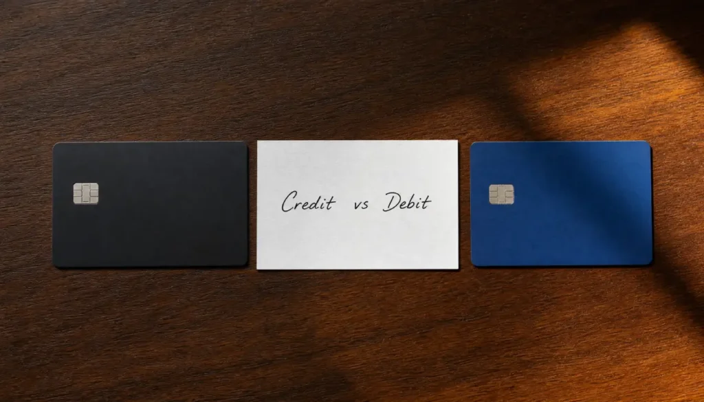 Credit card and debit card placed side by side on a wooden table comparing hotel check-in options