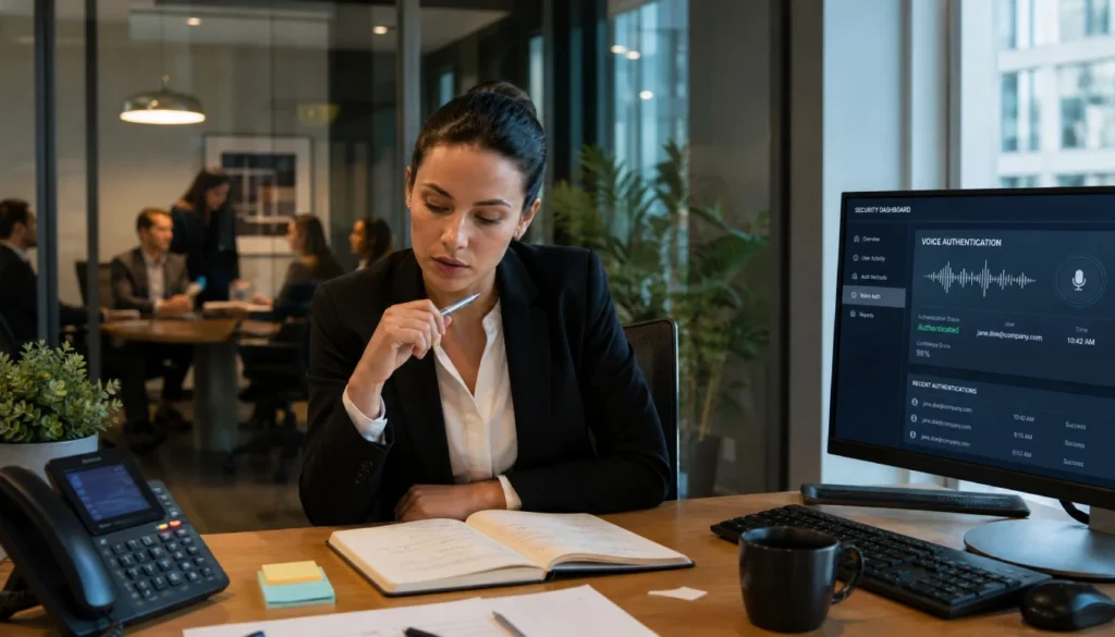 A businesswoman pauses before answering a suspicious phone call at her office desk, with a voice authentication security screen visible in the background.