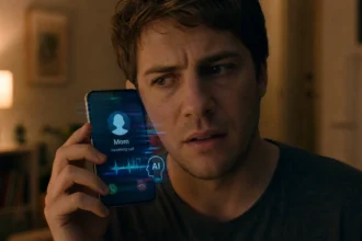 A person looking worried while receiving a suspicious phone call at home, with a digital glitch effect on the screen suggesting an AI voice scam.