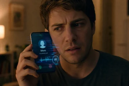 A person looking worried while receiving a suspicious phone call at home, with a digital glitch effect on the screen suggesting an AI voice scam.