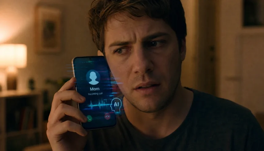 A person looking worried while receiving a suspicious phone call at home, with a digital glitch effect on the screen suggesting an AI voice scam.