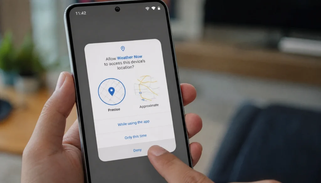 A finger tapping to deny an app permission request on a smartphone screen, illustrating digital wallet security best practices