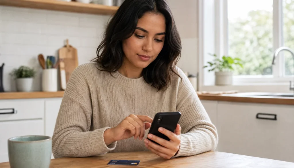 Young woman setting up a digital wallet app on her smartphone at a bright kitchen table with a debit card nearby