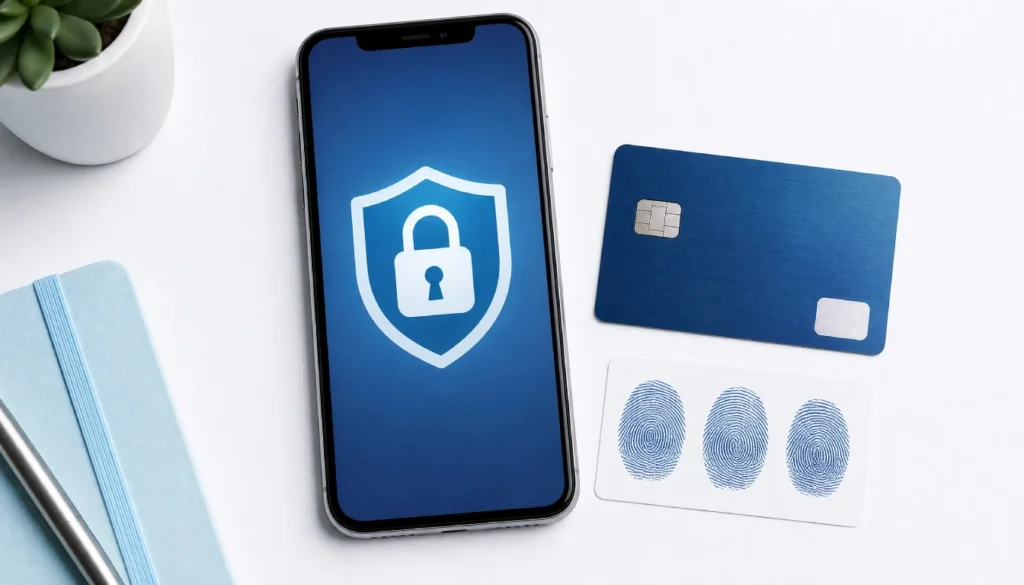 Smartphone with a security lock icon next to a physical credit card, representing digital wallet protection versus traditional cards