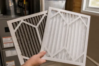 Homeowner holding a dirty furnace filter next to a clean new one