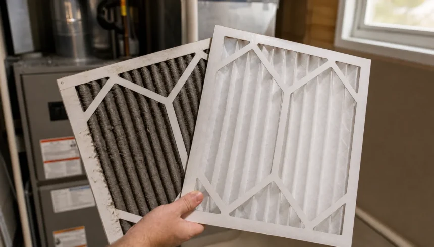 Homeowner holding a dirty furnace filter next to a clean new one