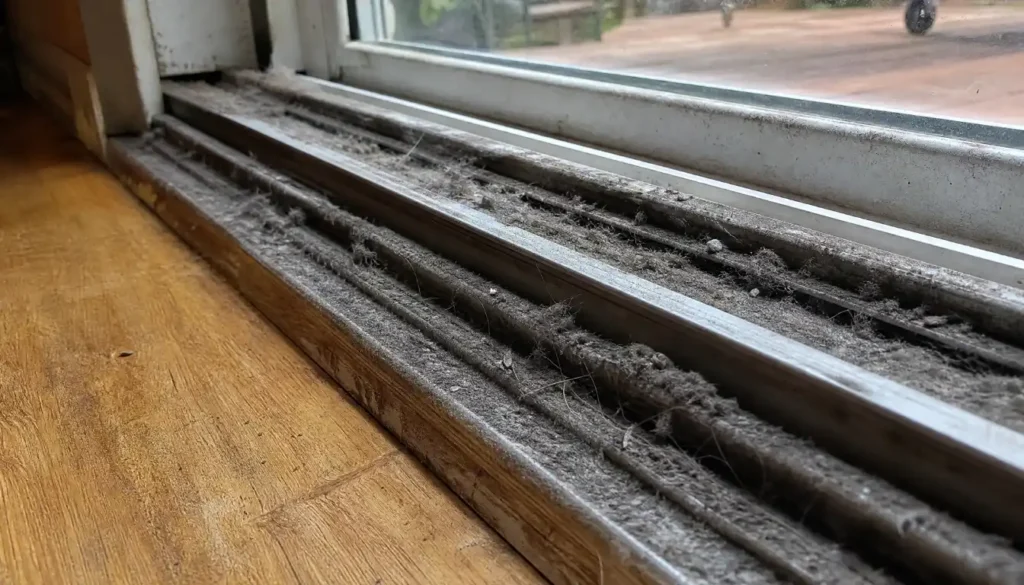 dirty sliding glass door track clogged with dust and pet hair